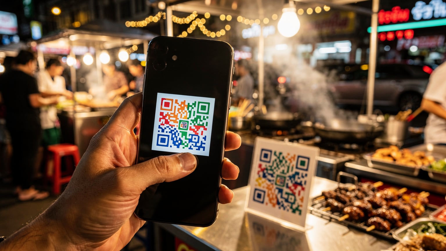 Een close-up van een hand die een smartphone vasthoudt om een QR-code te scannen op een bordje bij een eetkraampje in een levendige straatmarkt in Bangkok.