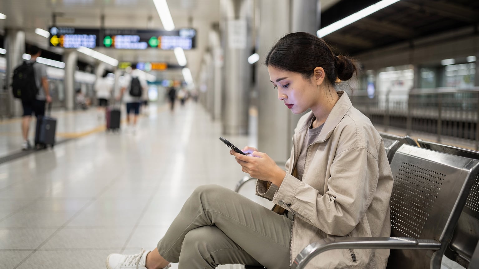 Een jonge vrouw met donker haar en een moderne, maar comfortabele reisoutfit zit op een bankje in een bruisend treinstation in Seoul, Zuid-Korea. Ze kijkt geconcentreerd naar haar smartphone, die ze met beide handen vasthoudt. Op de achtergrond passeren andere reizigers en zijn er digitale informatieborden te zien.