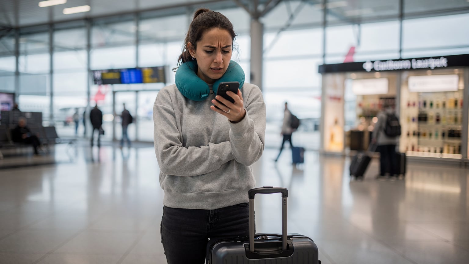 Een reiziger, duidelijk gefrustreerd, probeert verbinding te maken met haar telefoon in een overvolle luchthaven in Zürich. Ze heeft haar telefoon dicht bij haar gezicht en haar wenkbrauwen zijn gefronst.
