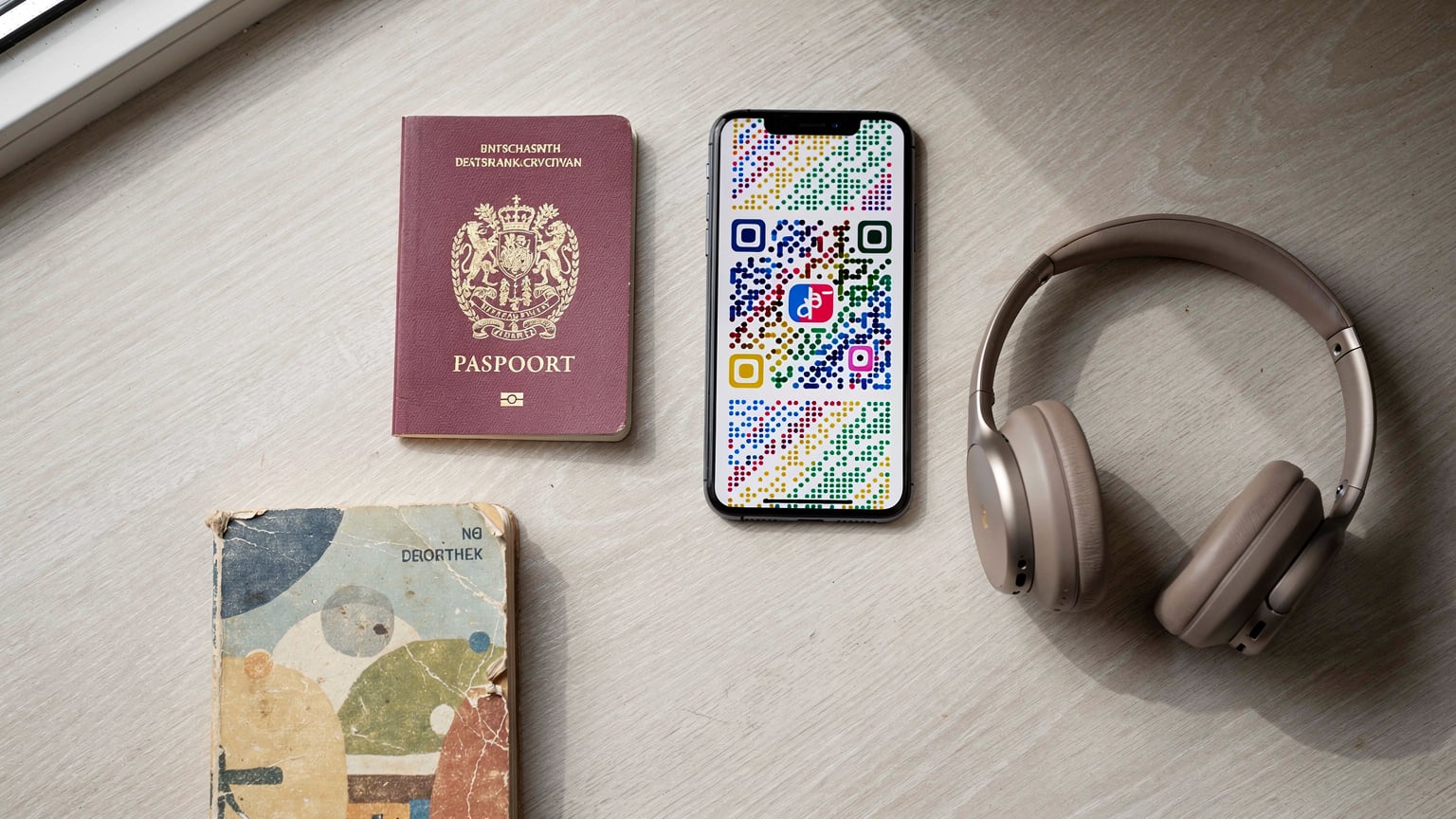 Een georganiseerde flat-lay van reisbenodigdheden: een Nederlands paspoort, een smartphone met een kleurrijke eSIM QR-code op het scherm, een reisgids, en een draadloze koptelefoon, klaar voor vertrek.