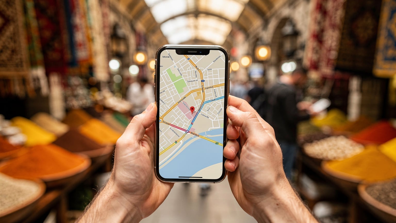 Χέρια κρατούν ένα smartphone με έναν χάρτη της Κωνσταντινούπολης ανοιχτό, ενώ βρίσκονται σε μια πολυσύχναστη αγορά, με πάγκους και κόσμο γύρω τους.