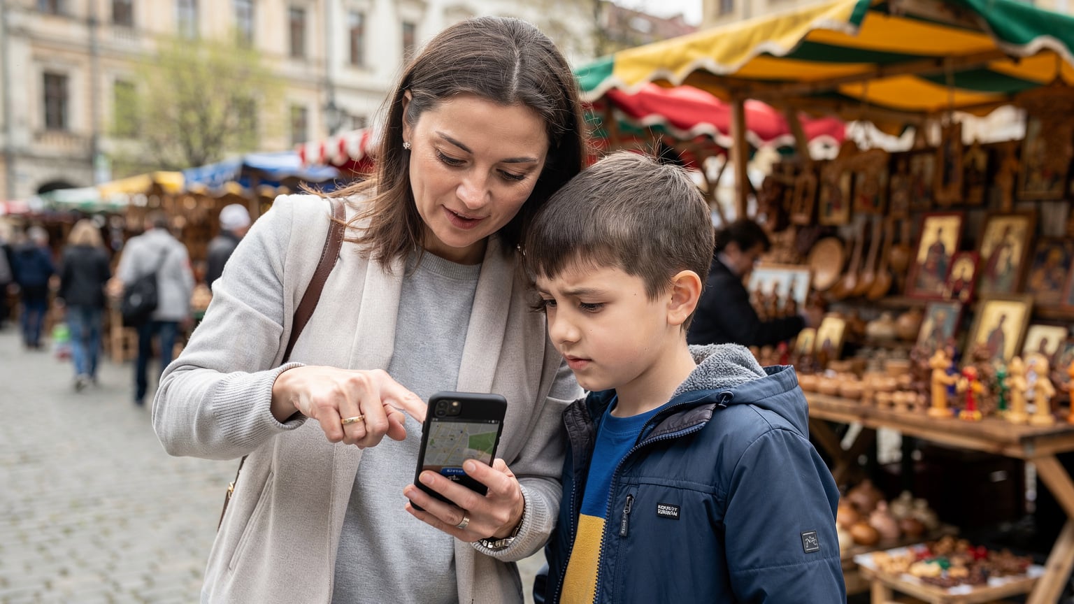 Мама показує синові цікаве місце на карті на своєму смартфоні, ділячись інтернетом через точку доступу.