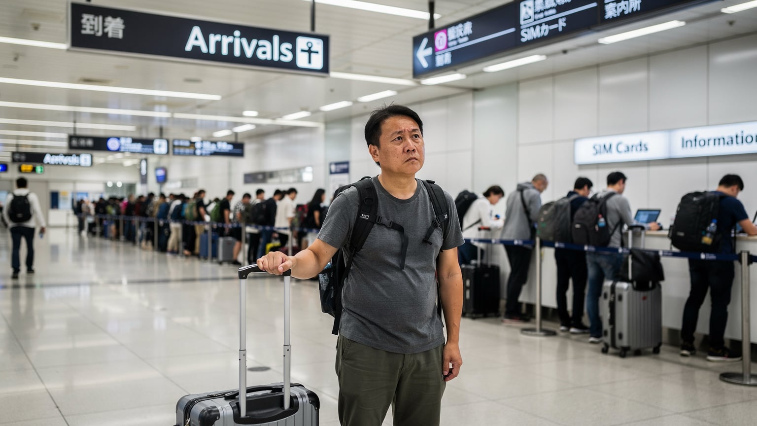 一位疲惫的中国旅行者在东京成田机场的抵达大厅,面对着排队购买SIM卡的漫长队伍,显得有些无奈和沮丧。