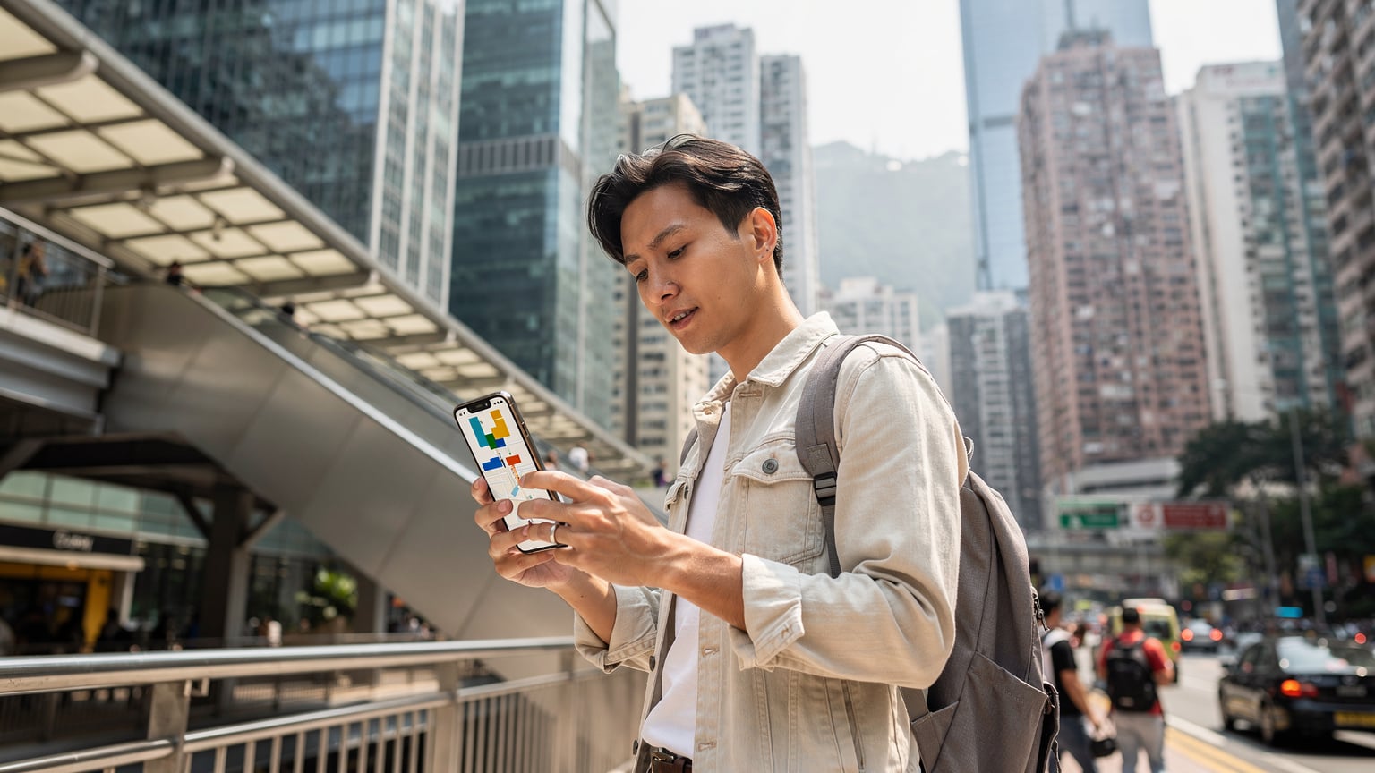 一位时尚的香港旅行者在香港中环的半山自动扶梯旁,手持iPhone,屏幕上显示着地图,轻松地查询着路线,背景是香港标志性的高楼大厦和繁忙的都市景象。