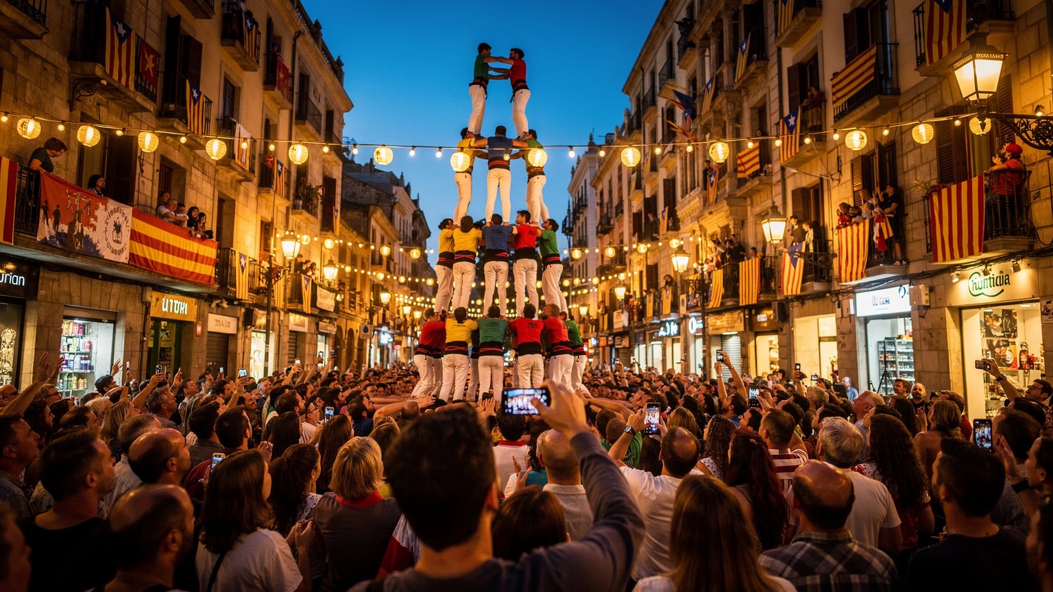 A vibrant street scene at the La Mercè festival in Barcelona, Spain, with a crowd gathered around a 'castell' (human tower), bathed in the warm glow of evening lights. A person in the foreground discreetly checks their phone.