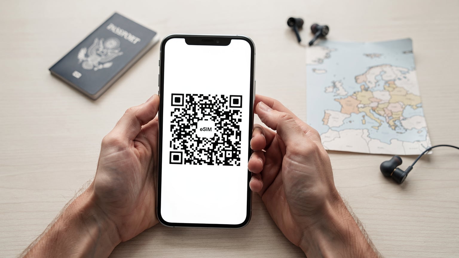 Close-up of human hands holding a smartphone, with the screen displaying a QR code for eSIM activation. The background is a slightly blurred travel-themed desk with a passport and a small map.