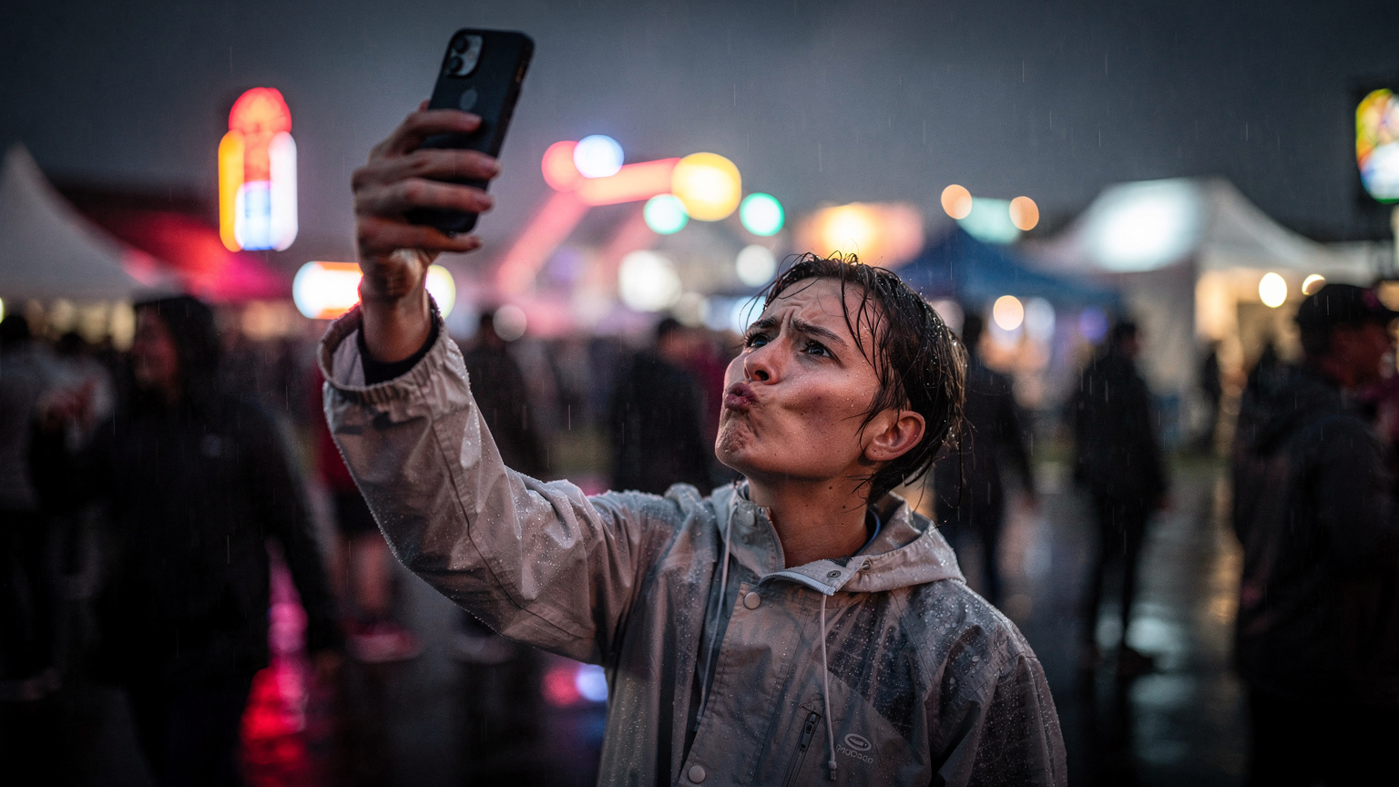 A person looking frustrated and concerned, holding their phone up, trying to get a signal in a crowded, outdoor festival area during a light drizzle, with blurred lights and people in the background.