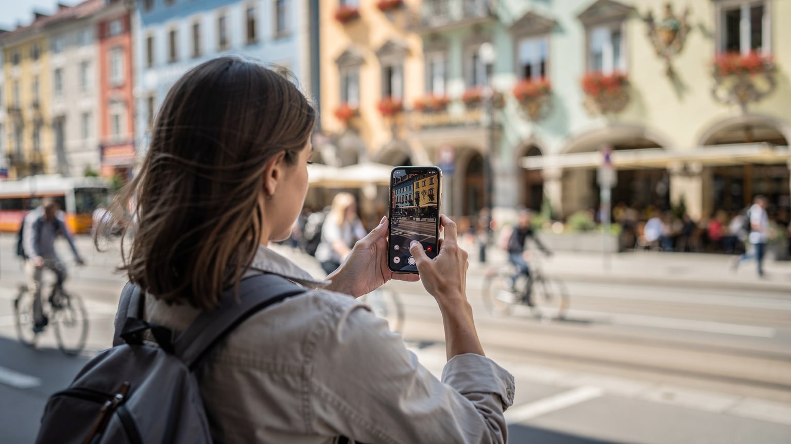 A traveler uses their phone to navigate a bustling street in Munich, with a traditional Bavarian building in the background. The focus is on the phone screen showing a map, with hands holding the device.
