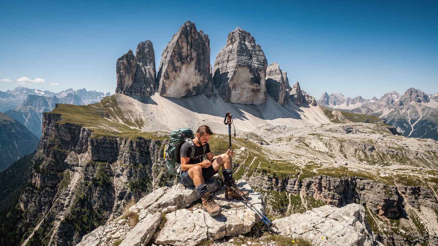 Un escursionista solitario con zaino e bastoni da trekking, seduto su una roccia panoramica sulle Dolomiti, controlla il segnale sul suo smartphone con un'espressione di sollievo, con imponenti vette montane sullo sfondo.