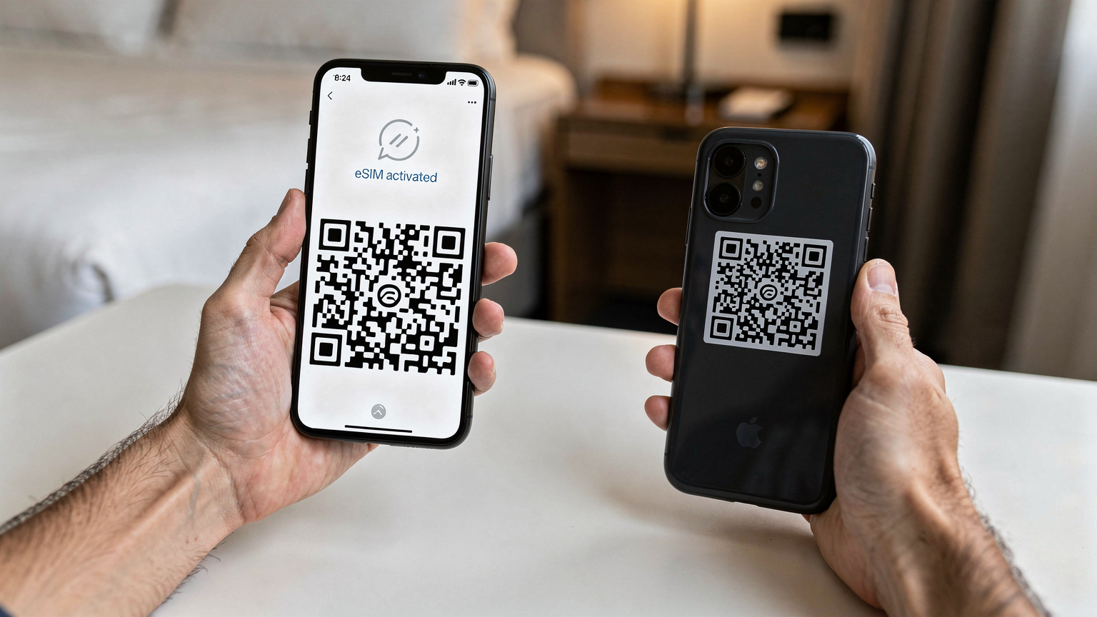 Mani che scansionano un QR code da uno smartphone a un altro, mostrando un'interfaccia pulita con la conferma 'eSIM attivata' sullo schermo ricevente, in una camera d'albergo ordinata.