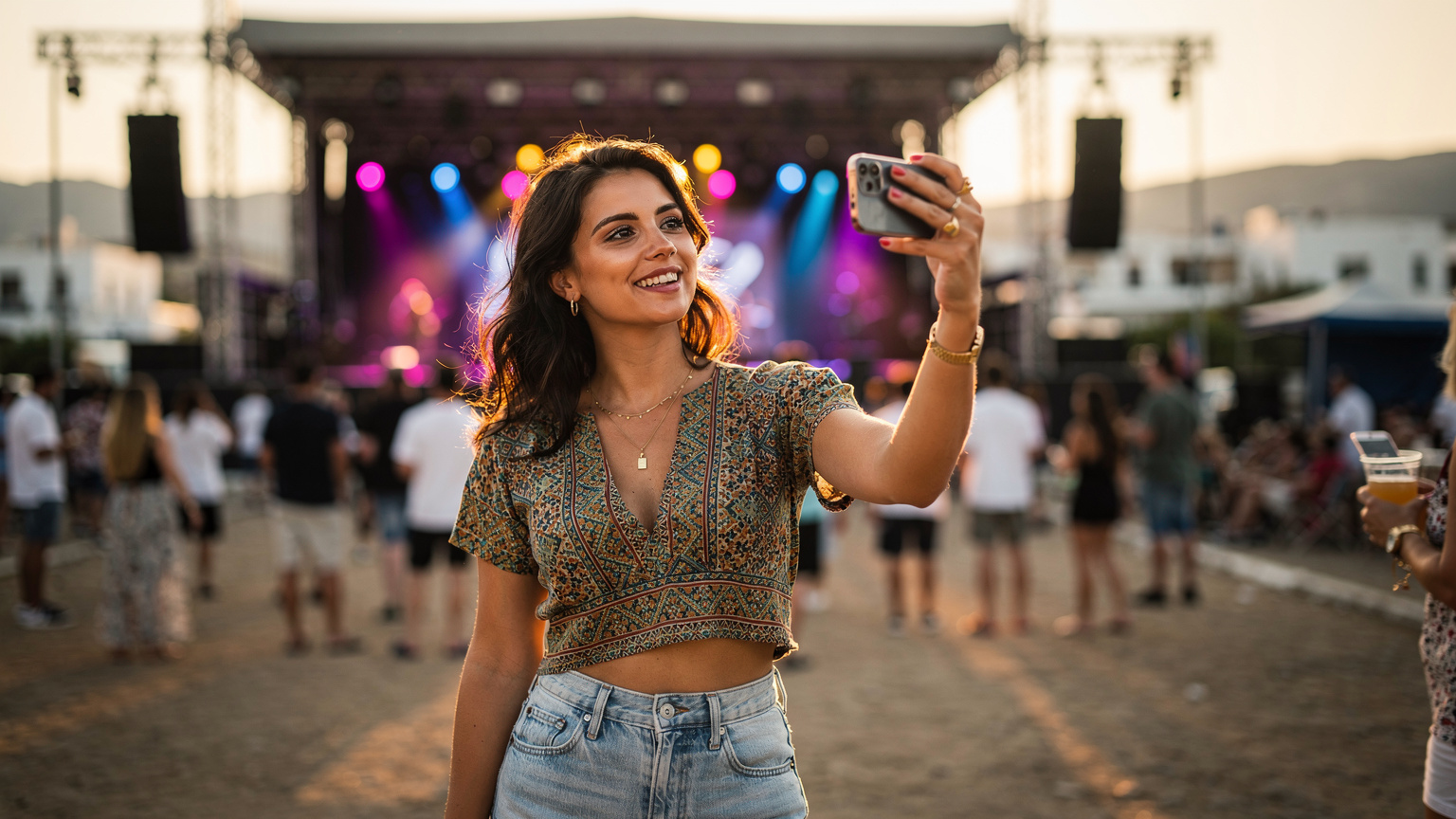 Μια κοπέλα με festival attire χρησιμοποιεί το smartphone της για να τραβήξει βίντεο από την αγαπημένη της μπάντα στην σκηνή, σε ένα ανοιχτό φεστιβάλ στην Ελλάδα.