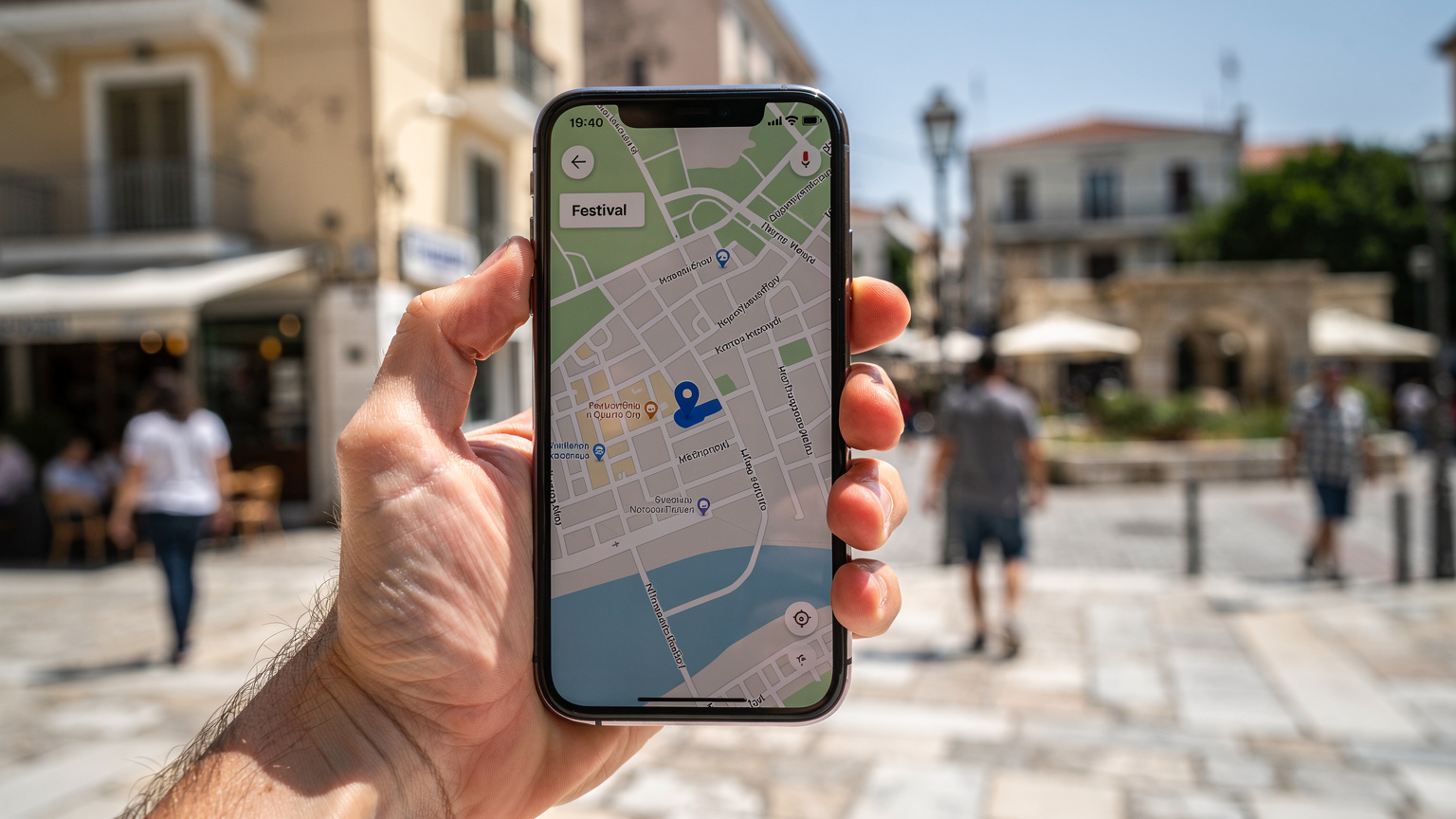 Ένα smartphone με ανοιχτή εφαρμογή πλοήγησης δείχνει την τοποθεσία ενός φεστιβάλ στην Αθήνα, ενώ στο βάθος φαίνεται ένας πολυσύχναστος δρόμος της πόλης.