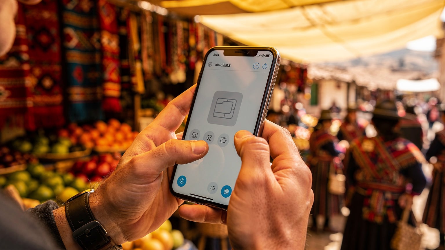 Manos de un viajero sosteniendo un teléfono con la pantalla de configuración de red, ajustando los parámetros para su eSIM en medio de un mercado vibrante en Cusco, Perú.