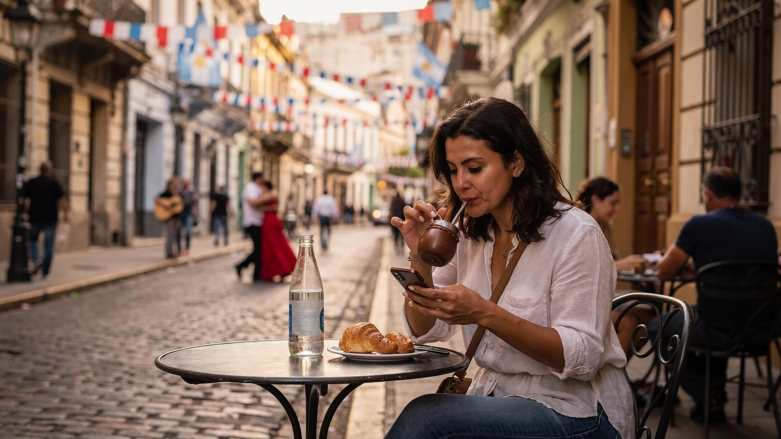 Una viajera revisa su teléfono en un café del barrio de San Telmo en Buenos Aires, mientras disfruta de un mate y el ambiente festivo de las Fiestas Patrias.