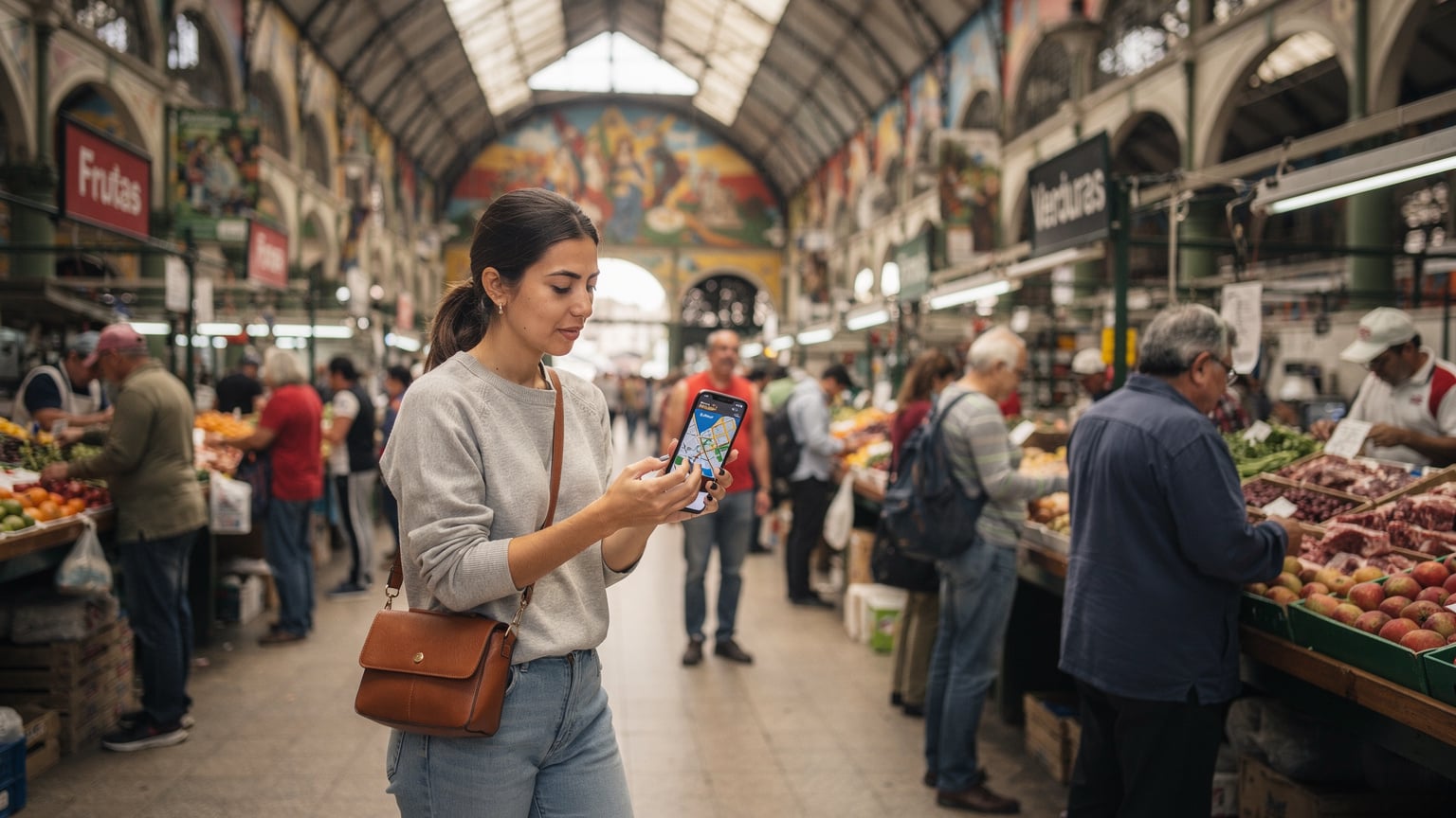 Una viajera revisa el mapa de cobertura de red en su teléfono mientras camina por el bullicioso Mercado de Abasto de Buenos Aires, buscando la mejor señal para compartir sus experiencias.
