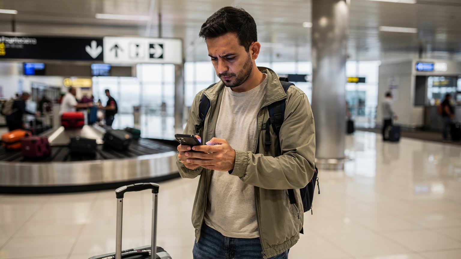 Un turista frustrado en el Aeropuerto Internacional Jorge Chávez en Lima, Perú, intentando configurar su teléfono para tener datos móviles tras un vuelo largo.