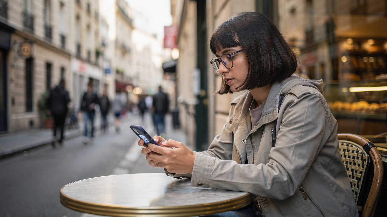 Paris'in hareketli bir caddesinde, kaldırım kenarındaki kafede oturan, elindeki telefonunda bir eSIM QR kodunu tarayan genç bir kadın.