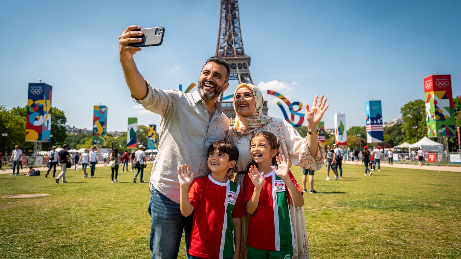 Bir aile, Paris'teki bir Olimpiyat parkında (örneğin Champ de Mars), sevinçle telefonlarından canlı yayın yapıyor. Arka planda Eyfel Kulesi ve Olimpiyat bayrakları görünüyor.
