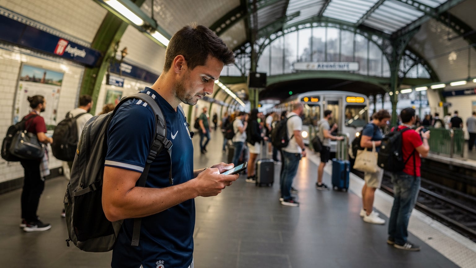 Paris'in hareketli bir metro istasyonunda, bir spor hayranı, elindeki telefonunda Olimpiyat programını kontrol ediyor. İstasyonun mimarisi ve kalabalık, yerel kültürü yansıtıyor.
