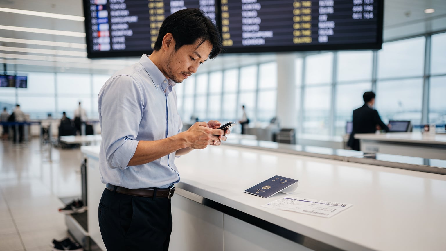 空港のチェックインカウンターで、ビジネスパーソンがスマートフォンを操作してeSIMの設定を確認している様子。手前には搭乗券とパスポートが置かれている。