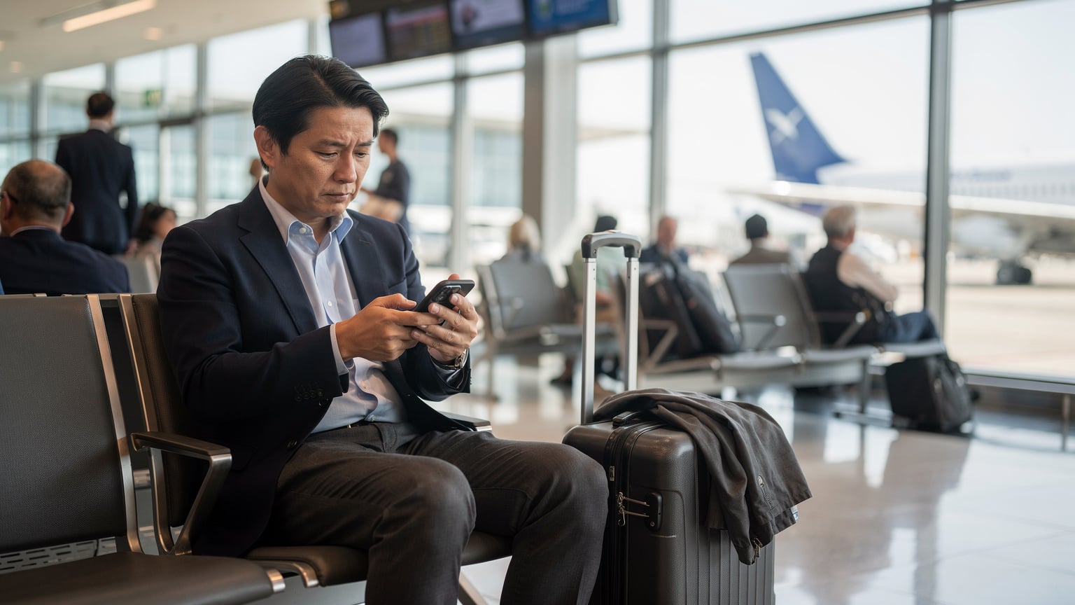 空港の搭乗ゲートで、搭乗を待つ間にベンチに座り、スマートフォンでeSIMの設定ガイドを真剣な表情で確認しているビジネスマン。彼の隣には手荷物が置かれている。