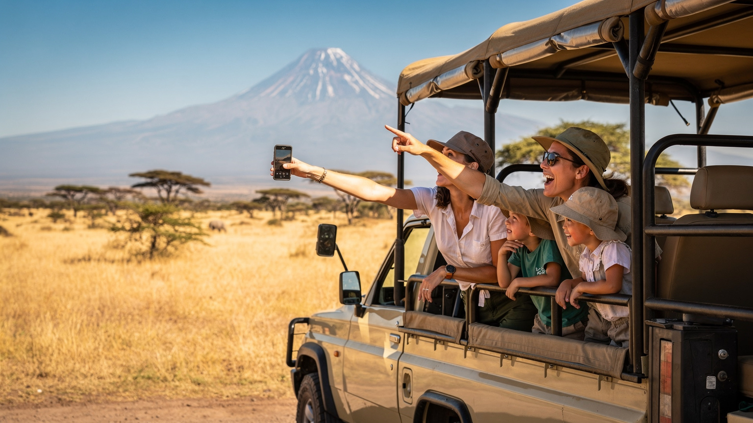 A family of four, including two children, in an open-top safari vehicle, pointing excitedly at wildlife in the distance, with the mother discreetly checking a smartphone.