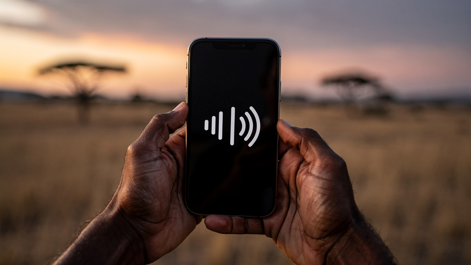 A close-up shot of an adult's hands holding a smartphone, displaying a full cellular signal bar, against a blurred backdrop of an African savanna landscape at dusk.