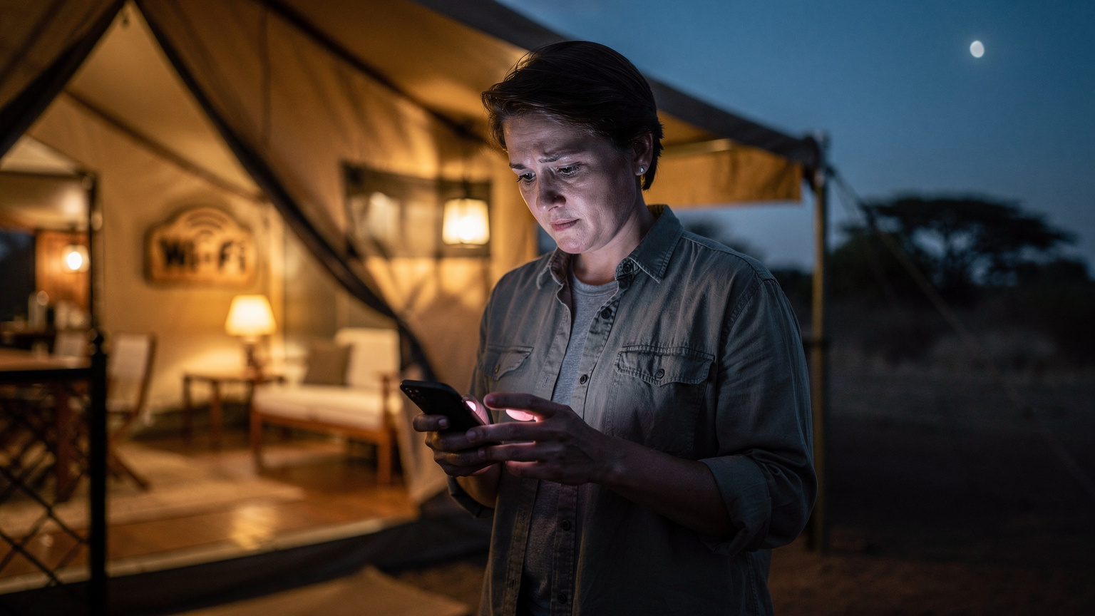 A parent looking at their smartphone with a slightly worried expression, standing near a rustic safari lodge tent at night, with a faint Wi-Fi symbol visible on a nearby sign.