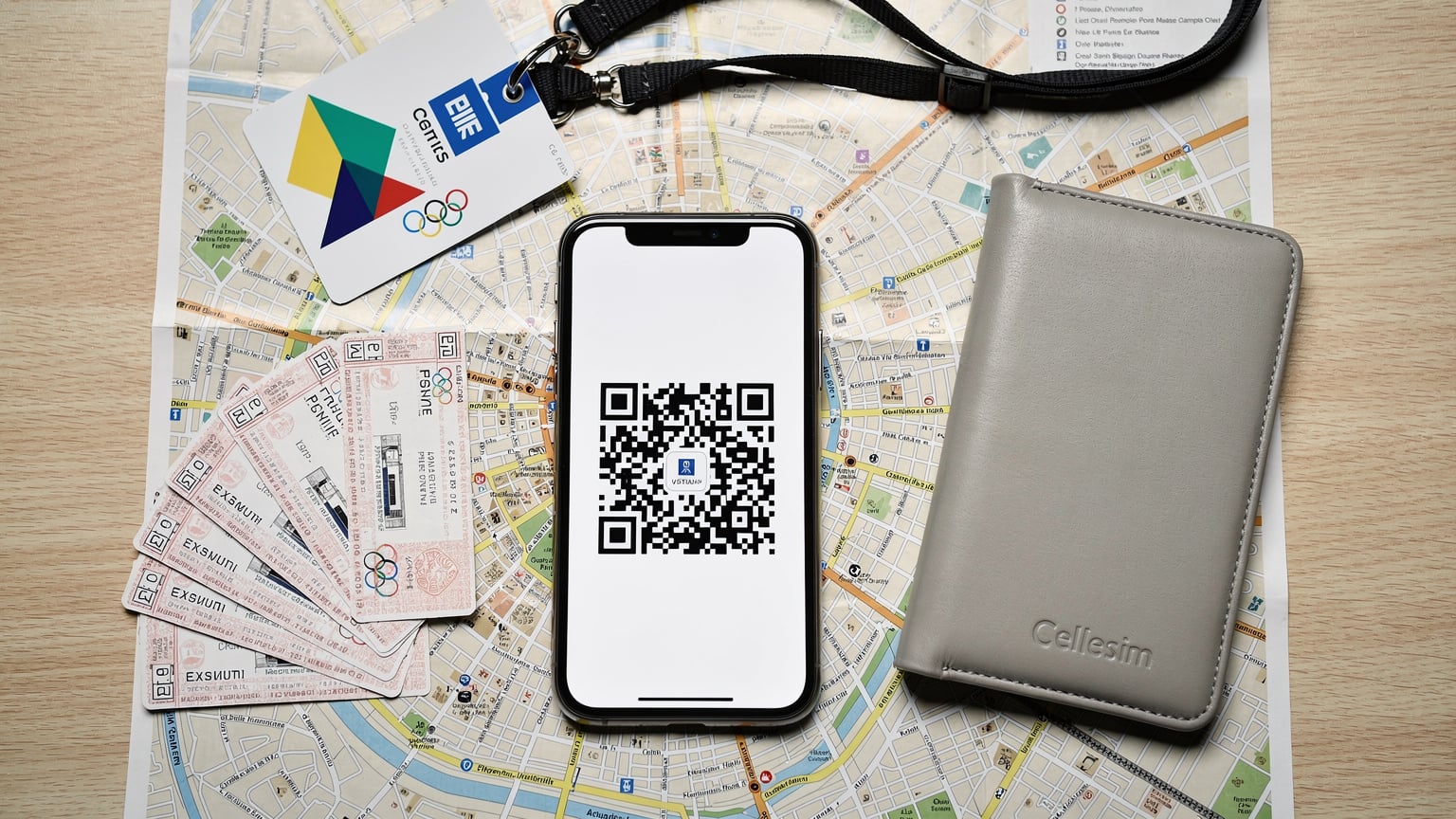 Un smartphone avec un QR code eSIM posé sur une carte de Paris avec des billets de métro et des badges JO.