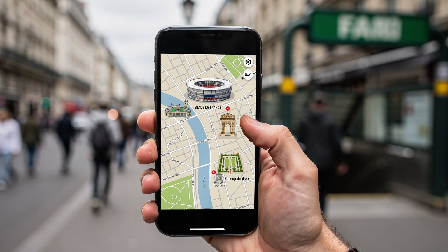 Un smartphone affichant une carte hors ligne de Paris avec des icônes de lieux olympiques.