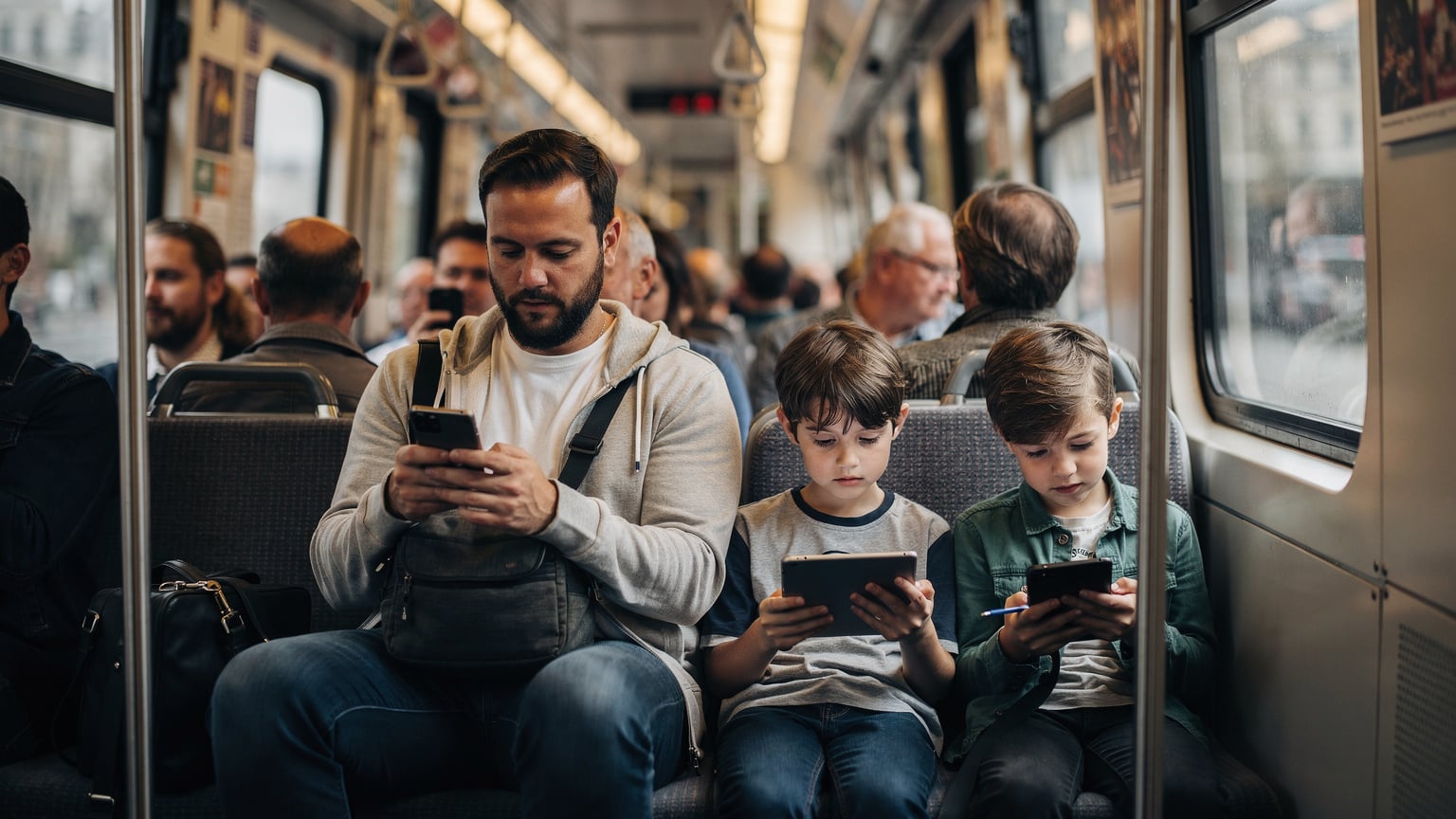Une famille avec des enfants regardant des vidéos sur des tablettes dans le RER parisien, connectés grâce à l'eSIM.