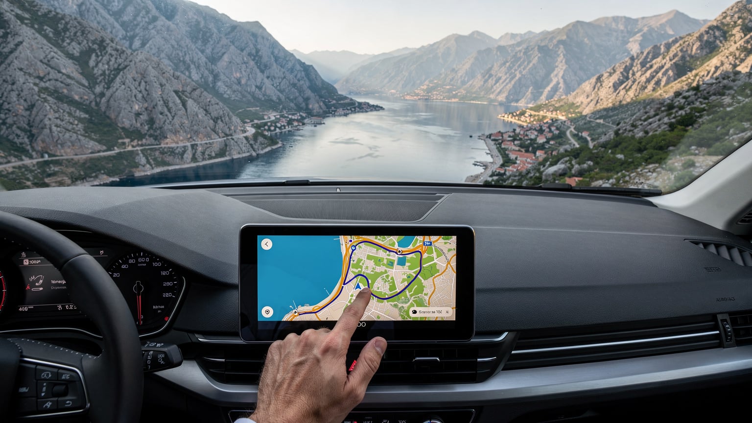 Un călător folosește un smartphone cu eSIM pentru navigație GPS în timp ce conduce pe drumul sinuos care duce spre fiordul Kotor din Muntenegru, cu peisajul montan spectaculos în fundal.