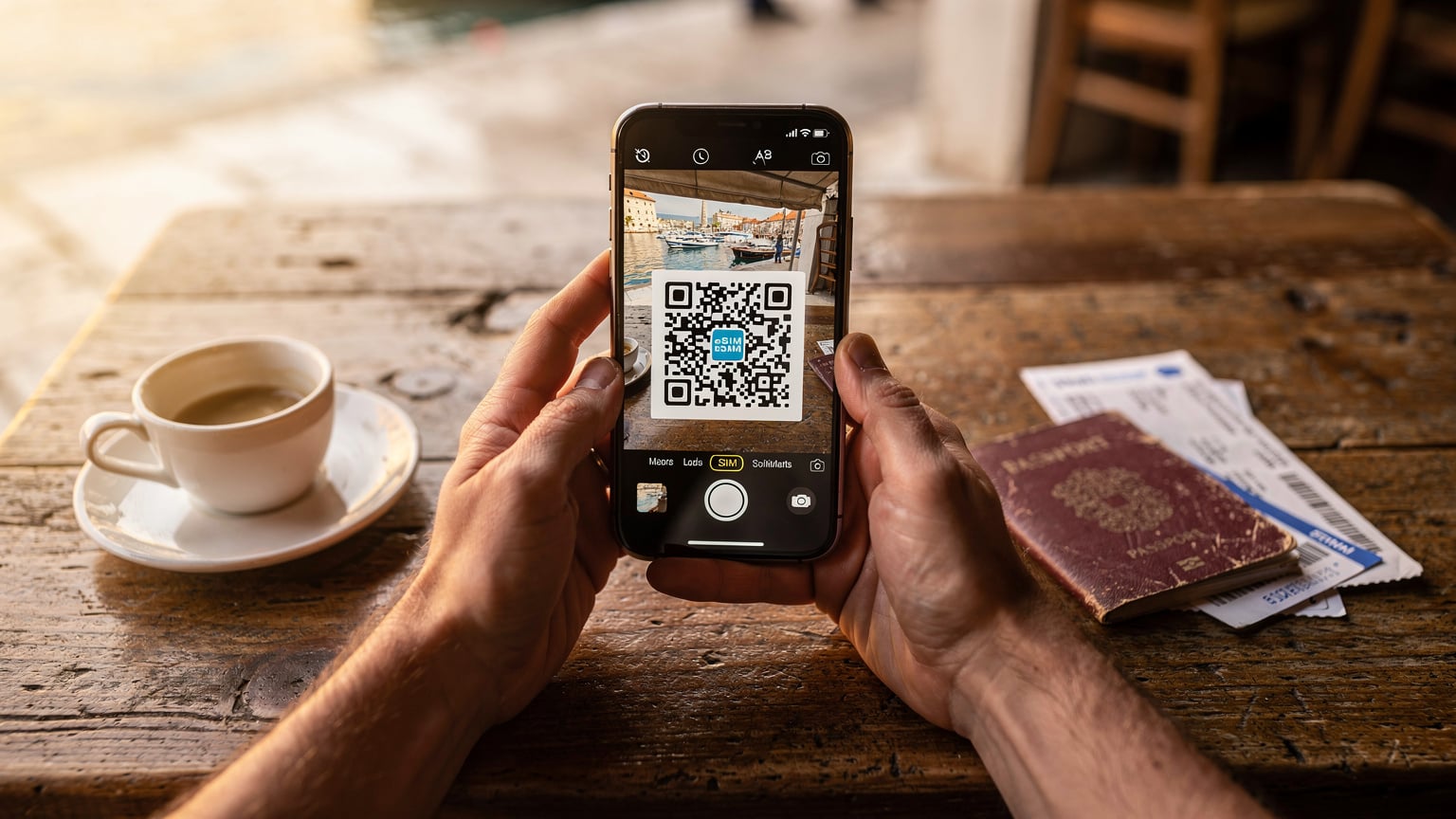 Un călător folosește o aplicație de pe smartphone pentru a scana un cod QR de activare a unui eSIM, cu documente de călătorie și o ceașcă de cafea pe o masă de cafenea din Portul Vechi din Dubrovnik.