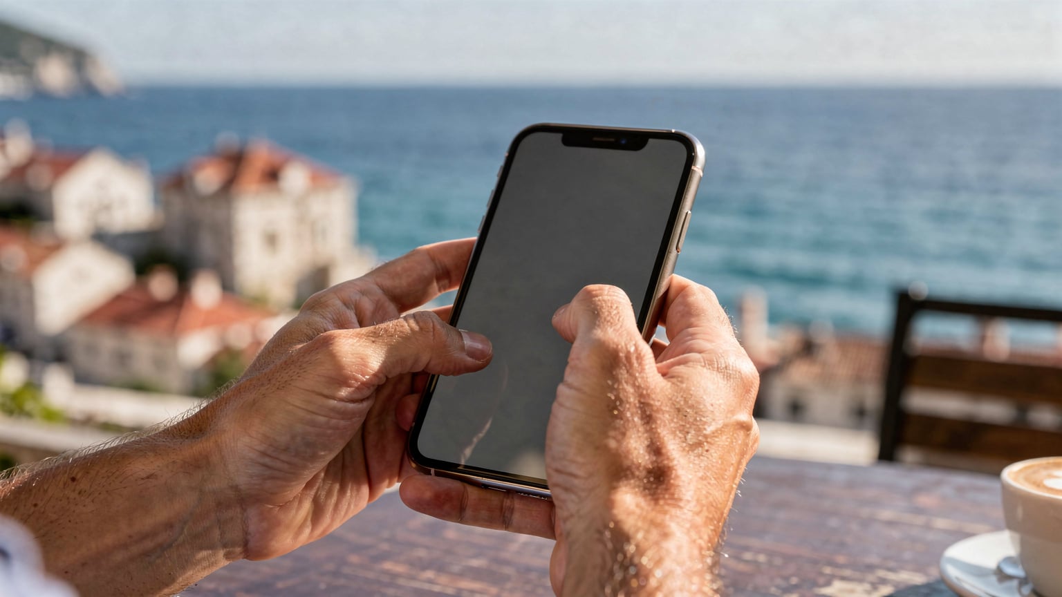 O persoană verifică cu atenție ecranul telefonului său, într-un mediu exterior, pentru a confirma detaliile planului său eSIM, având în fundal o priveliște panoramică a orașului Split și a Mării Adriatice.
