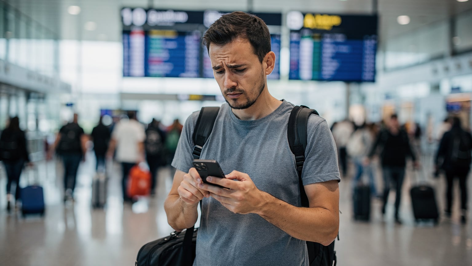 O persoană afișează o expresie de ușoară frustrare în timp ce privește ecranul telefonului său într-un aeroport aglomerat, cu un indicator de plecări în fundal, sugerând o problemă de conectivitate.