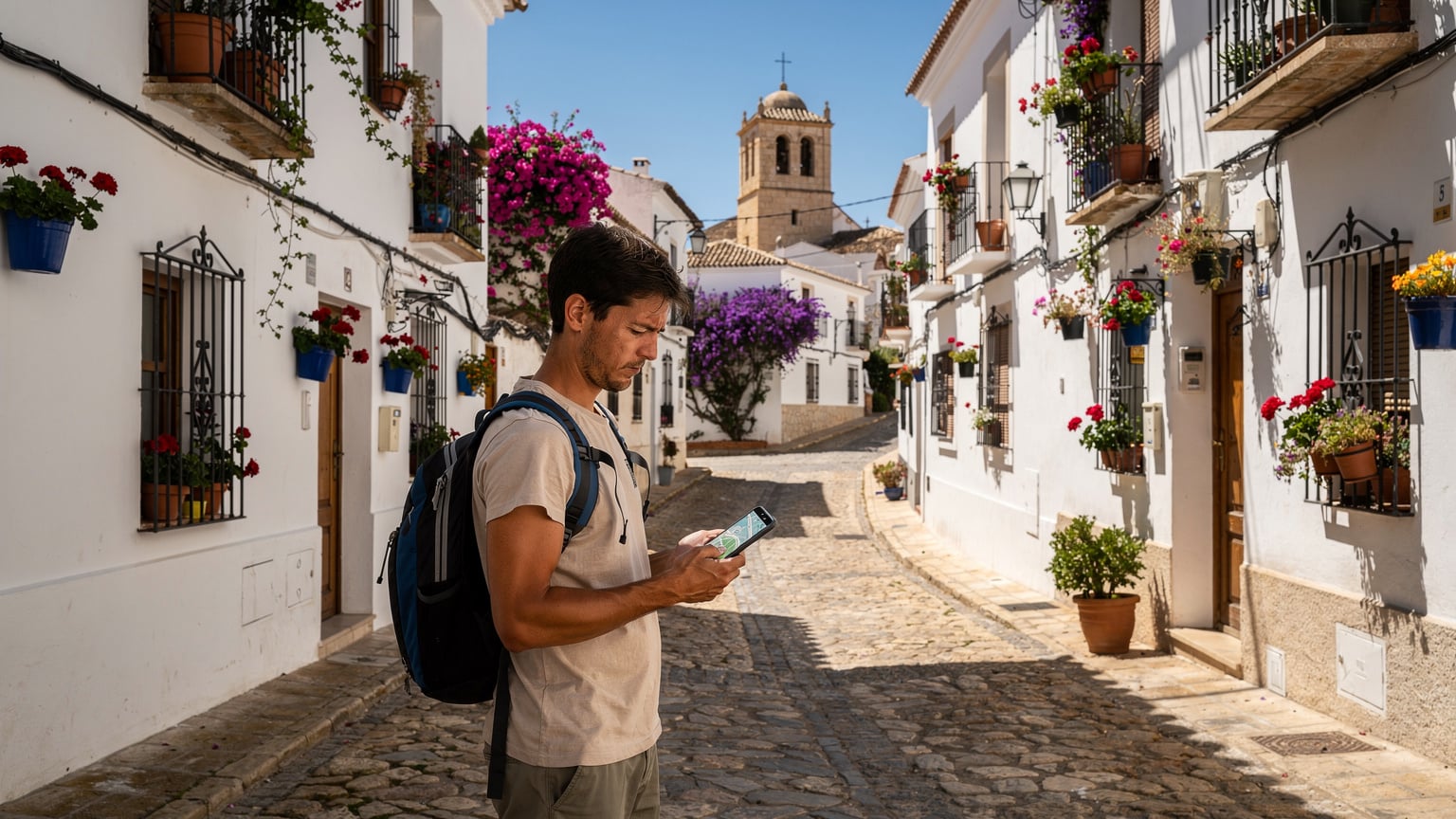 Un viajero con mochila, mirando su teléfono con el mapa abierto, en una encrucijada de calles empedradas en un pueblo andaluz, con casas blancas y flores coloridas.