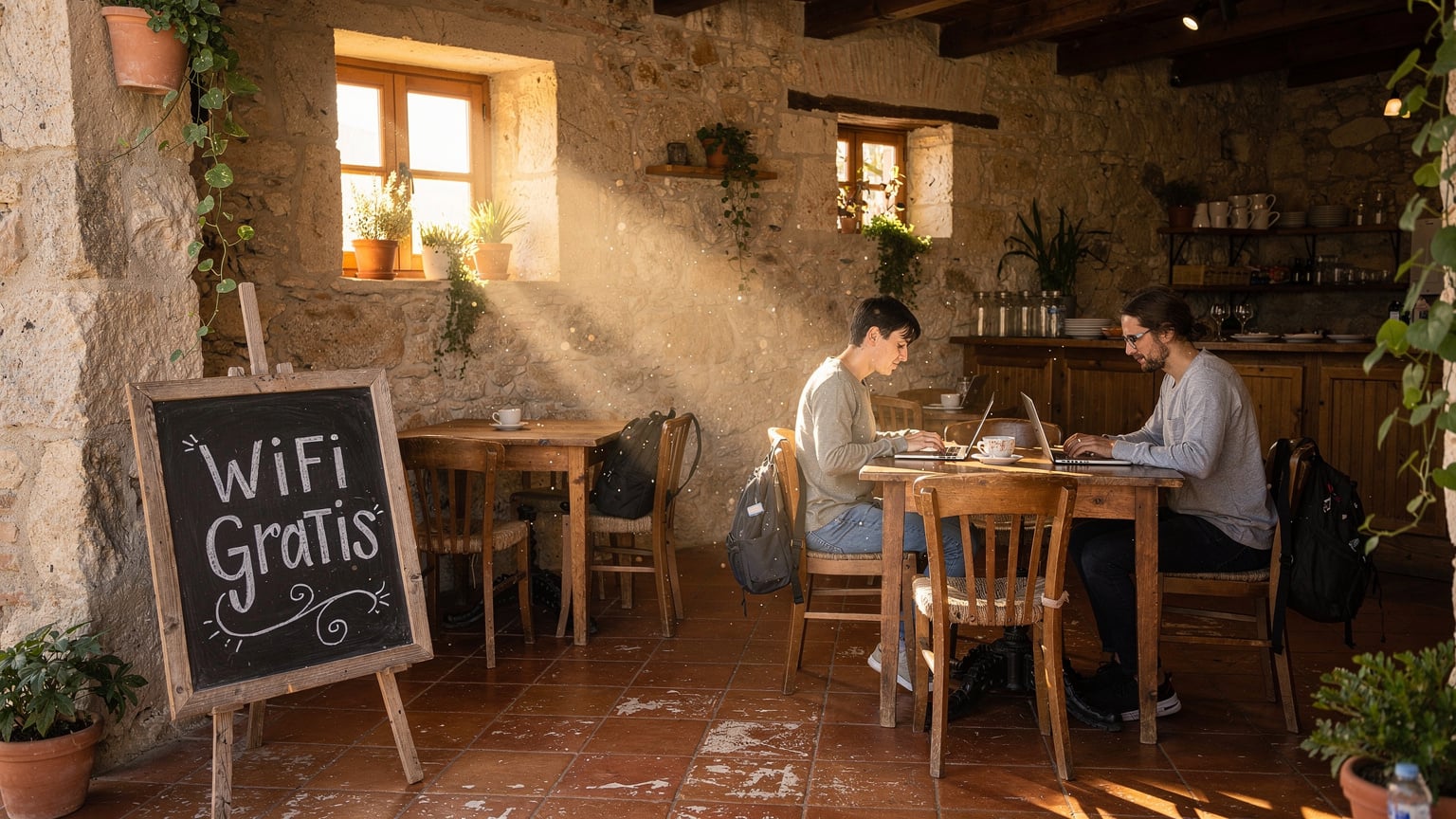 Un pequeño y acogedor café en un pueblo costero de España, con una pizarra anunciando "WiFi Gratis" y un par de personas trabajando discretamente en sus portátiles.