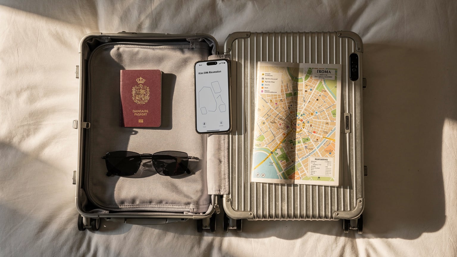 Et editorialt overhead flat-lay af en åben kuffert, der viser en iPhone 18 med et eSIM-installationsskærmbillede, et pas, et par solbriller og et lokalt bykort over Rom, Italien. Sollys filtreres ind fra siden, hvilket skaber en rejseklar stemning.