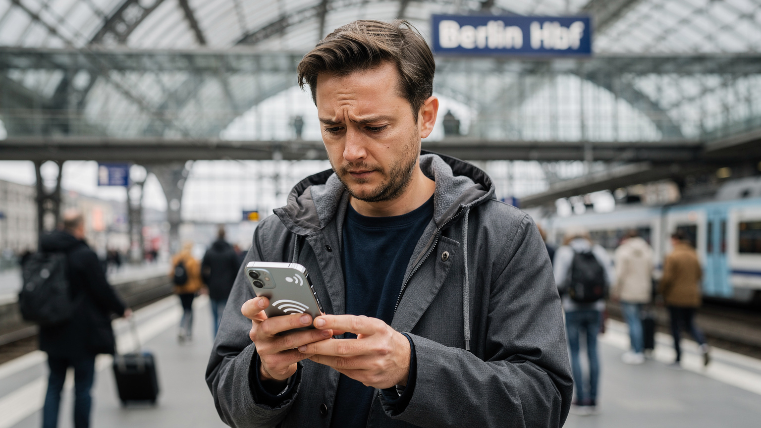 En person sidder på en travl banegård, måske i Berlin, og stirrer bekymret på sin iPhone 18, der viser en 'Ingen tjeneste'-besked. Baggrunden er sløret, men man kan se en togperron og mennesker i forbifarten. Det er en let dramatisk, men hverdagsagtig situation.