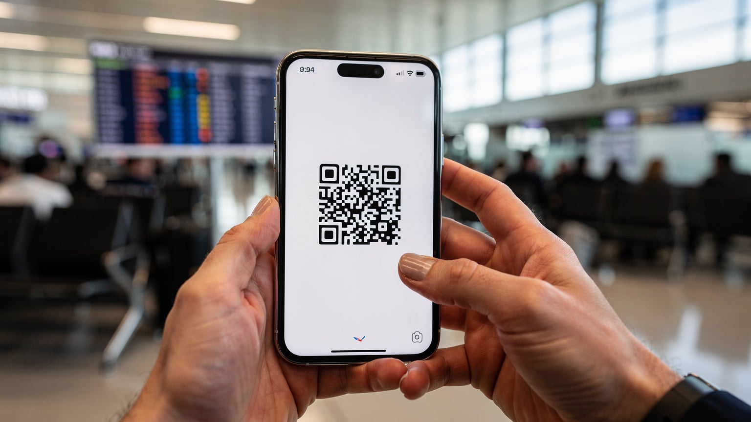 En tæt på-optagelse af en rejsende, der holder sin iPhone 18, mens de scanner en QR-kode fra et printet ark i et lufthavnsmiljø. Personens tommelfinger er synlig, og der er en let sløret baggrund af en afgangstavle.