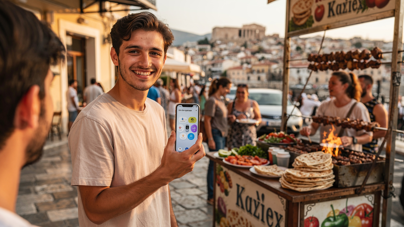 En ung man visar sin telefon med ett eSIM aktiverat vid ett gatustånd som säljer Souvlaki i centrala Aten.