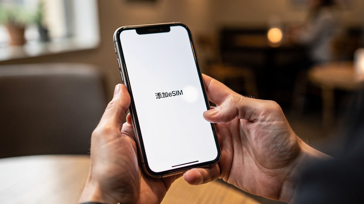 一雙手握著iPhone,螢幕上顯示著「添加eSIM」的選項,背景是模糊的咖啡館環境,暗示著輕鬆便捷的設置過程。