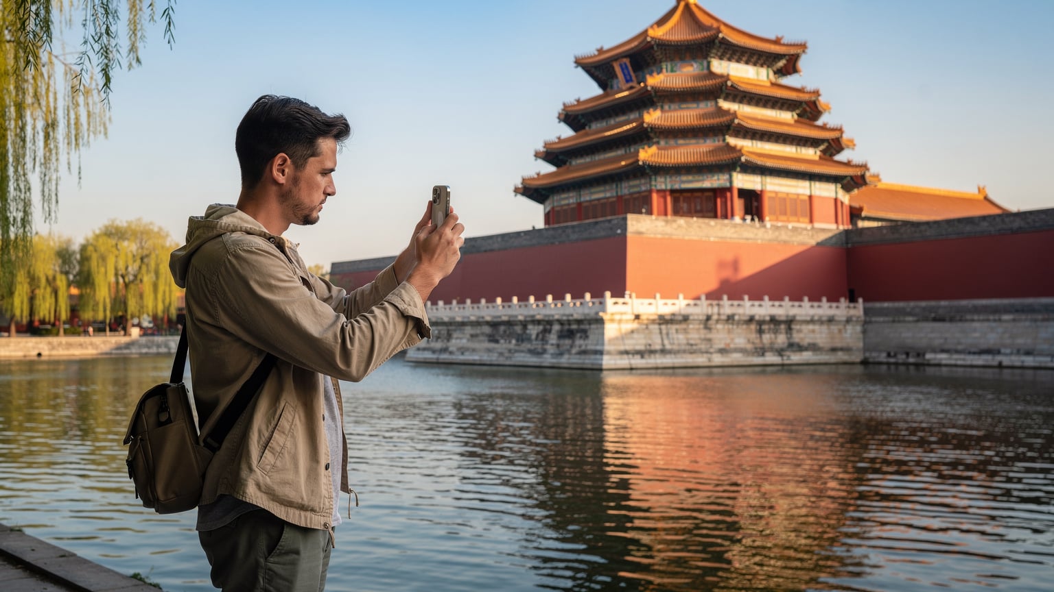 一位旅行者在北京故宮角樓前,手持iPhone拍攝美景,手機螢幕上隱約可見網絡信號良好。