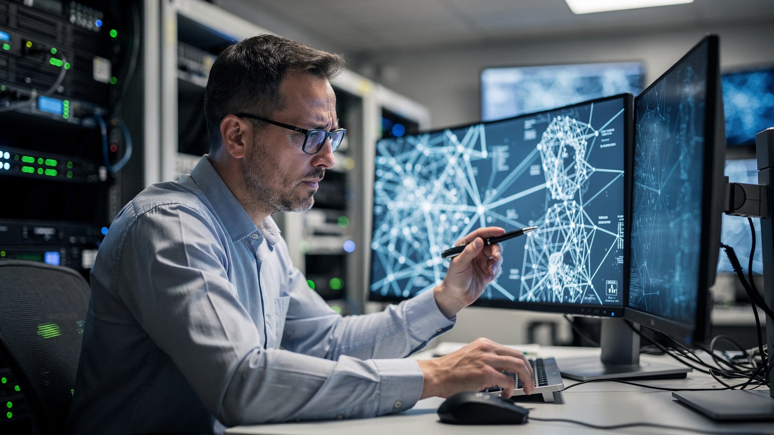 A network engineer reviewing complex mobile network diagrams on a large monitor, showing interconnected cellular towers and data routing paths across Europe.