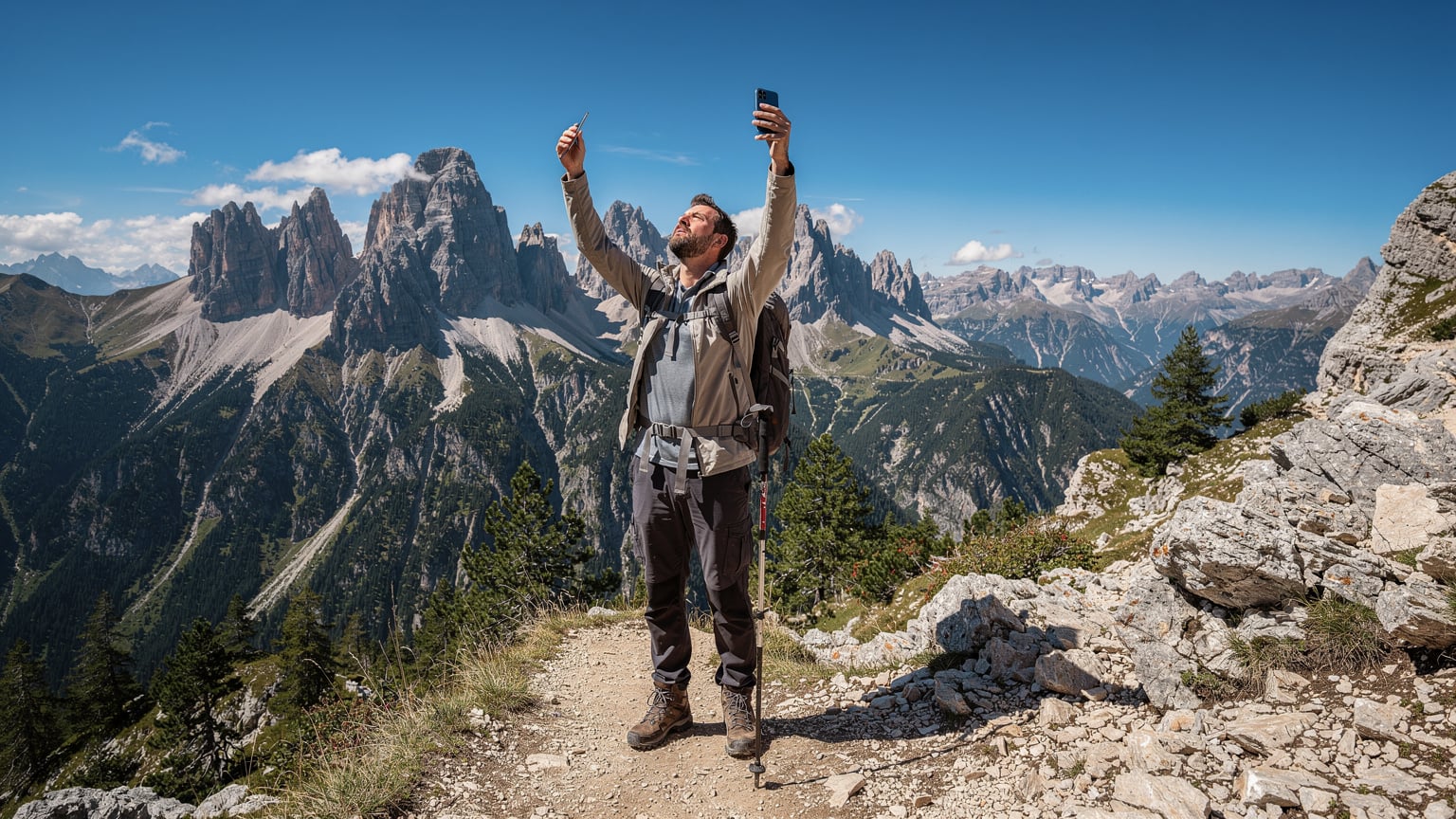 A hiker holding a smartphone aloft, checking for signal in a rugged, scenic mountain landscape in the Dolomites, Italy, with a worried expression.