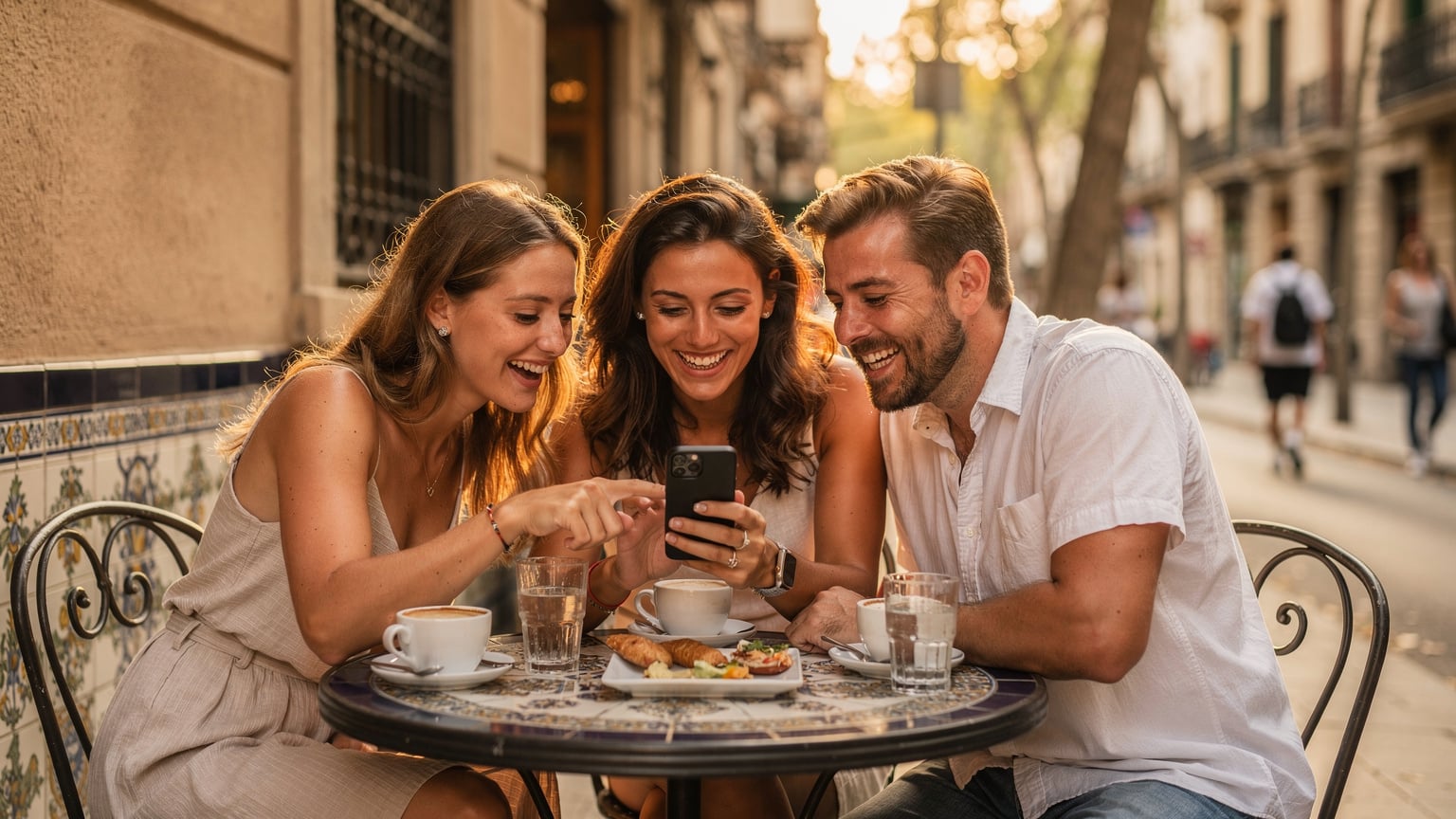 A group of friends laughing and showing each other photos on their smartphones at a vibrant outdoor café in Barcelona, Spain, enjoying a sunny afternoon.