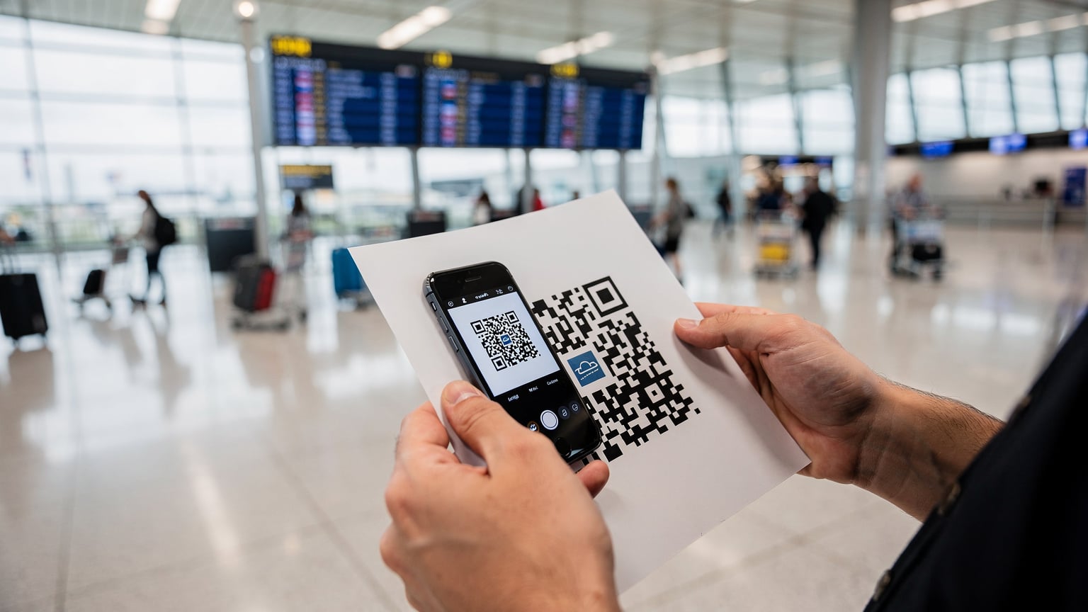 A person quickly scanning an eSIM QR code from a printed sheet onto their smartphone at a busy airport terminal in Amsterdam, Netherlands.