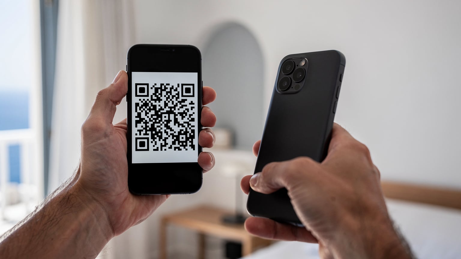 Gros plan sur des mains humaines interagissant avec un smartphone, montrant le processus de scan d'un code QR pour activer une eSIM, avec un arrière-plan flou d'une chambre d'hôtel en Grèce.