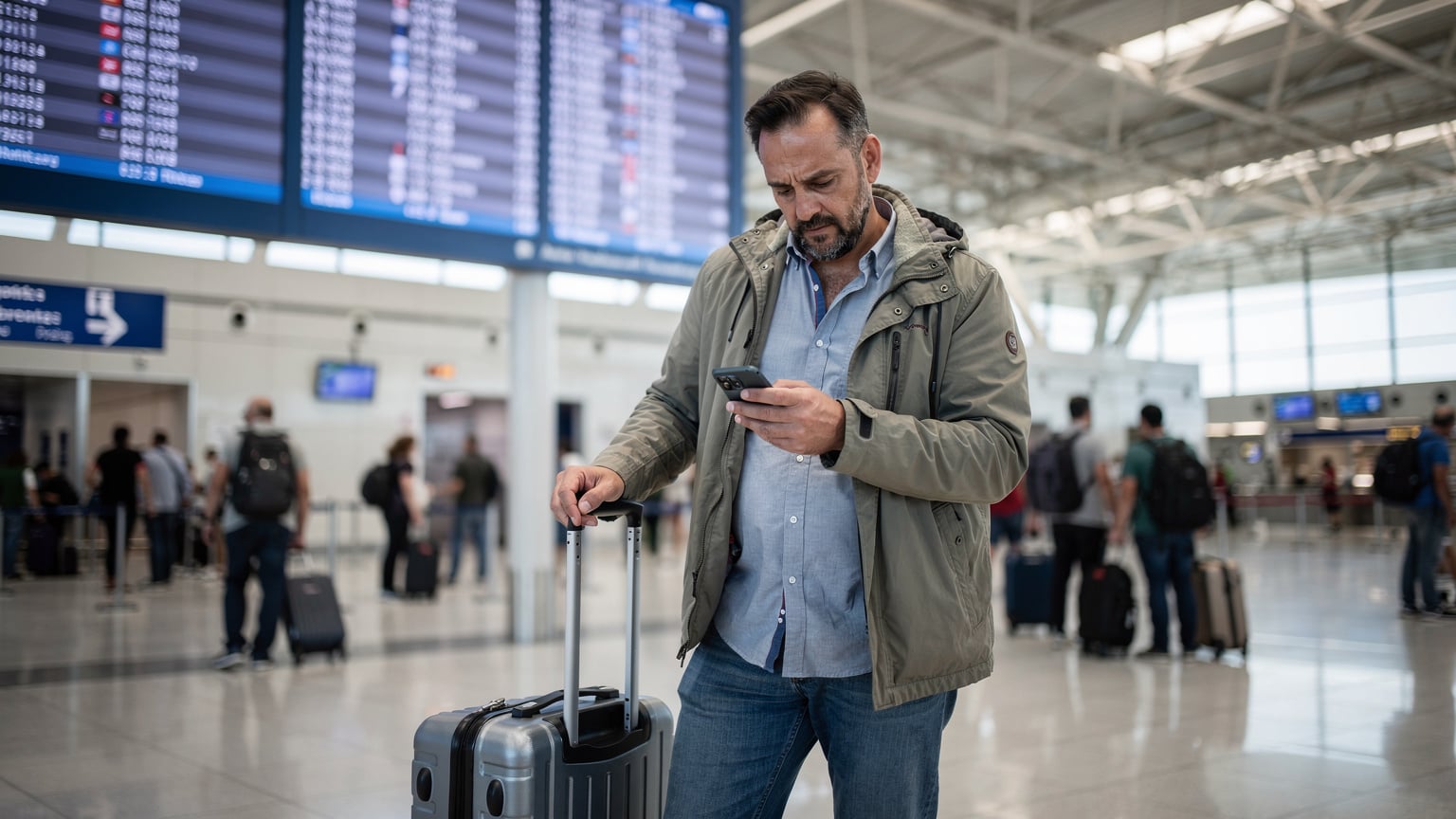 Un voyageur à l'aéroport d'Athènes, l'air un peu stressé, vérifie son téléphone avec une valise à ses pieds, suggérant un problème de connectivité ou de dernière minute.