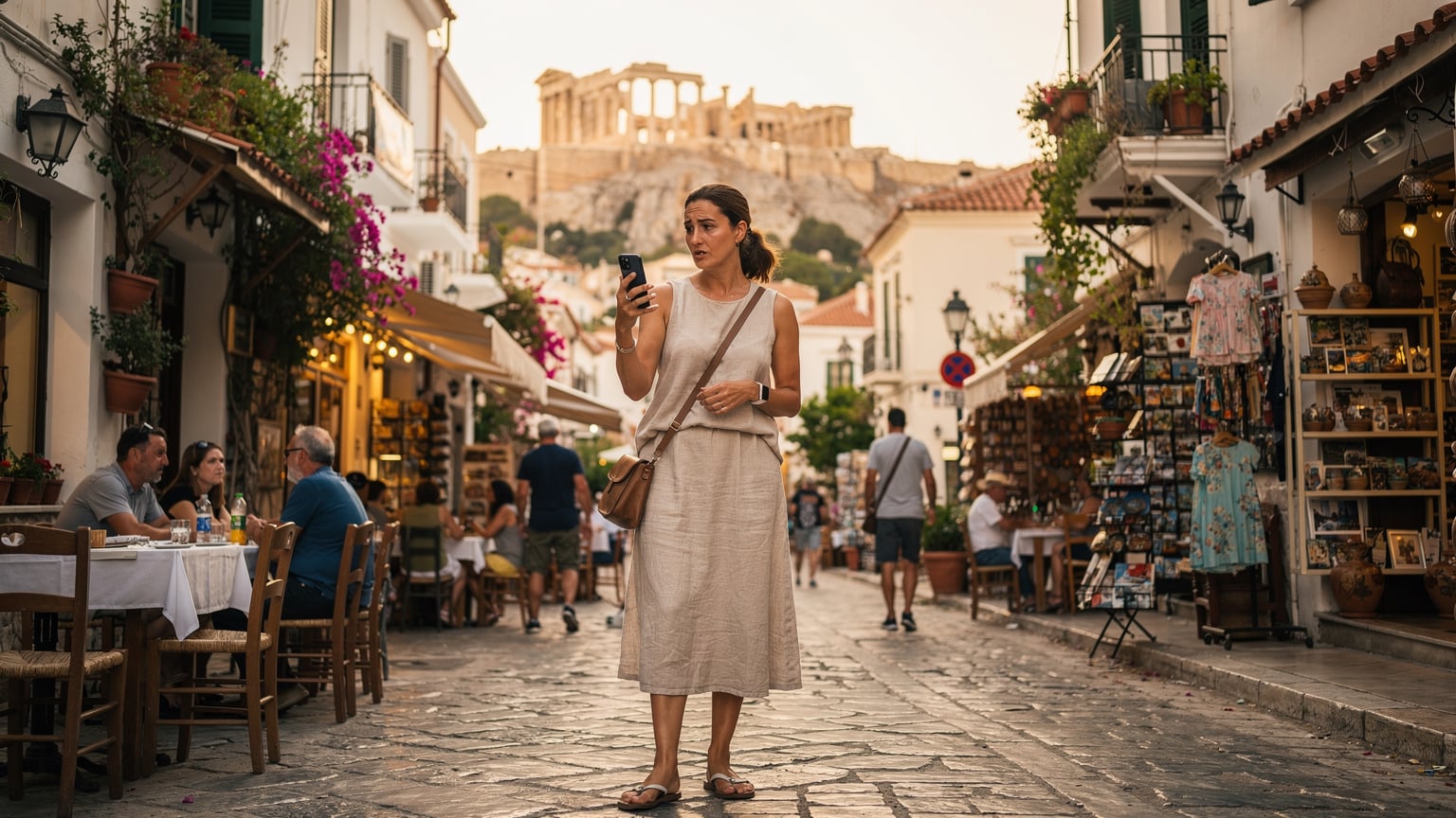 Une voyageuse vérifie la couverture réseau de son téléphone en naviguant dans les rues étroites et animées du quartier de Plaka à Athènes, avec l'Acropole en arrière-plan.